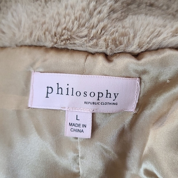Philosophy Faux Fur Vest Cardigan Jacket Size Large Brown Satin Tan - Picture 2 of 8